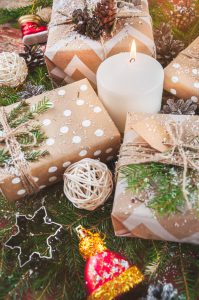 Christmas Composition with Box, Pine Cones,Candle,Fir Branches.Merry Christmas